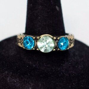 Size 10, Vintage Triple Vibrant Blue Rhinestones Silver Tone Band Ring - T22